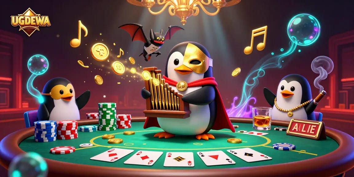 Engage with the dynamic gaming environment of UGDEWA, featuring a penguin playing an organ and coins flying around.