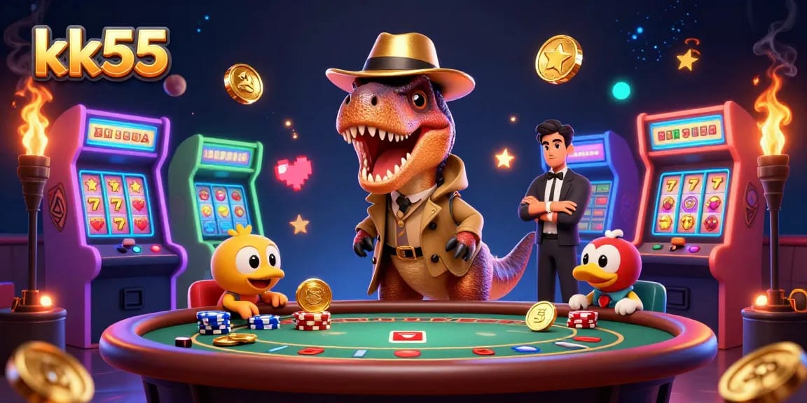 Bet on KK55's thrilling blackjack scene featuring a velociraptor card counter and exciting game elements.