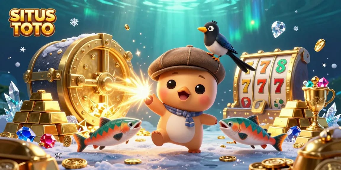 Situs TOTO menawarkan pengalaman bermain yang menarik dengan perolehan harta karun emas dalam ilustrasi kasino yang ceria.