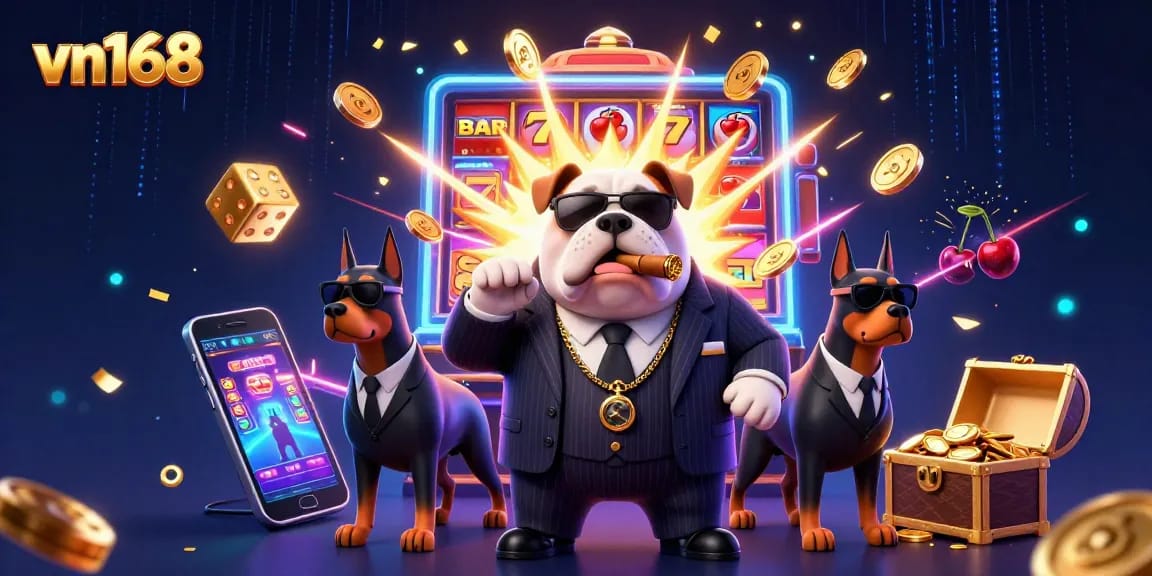 Engage with the amazing vn168 casino experience featuring a mafia boss bulldog amidst a jackpot of games.