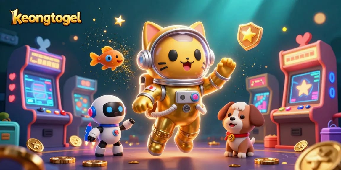 Experience excitement with keongtogel as a 3D cartoon astronaut cat, engaging in a vibrant casino scene filled with games and bonuses.