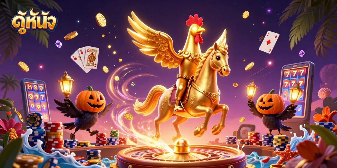 ดูหนัง ในภาพการ์ตูน 3 มิติที่แสดงถึงคาสิโนกลางคืน พร้อมด้วยอุปกรณ์เกมมากมาย