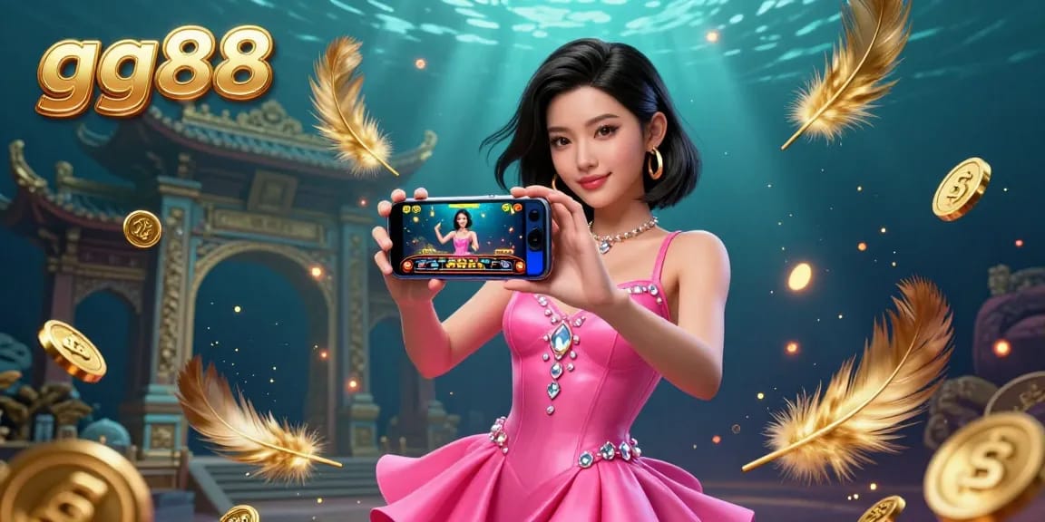 Experience the excitement of gg88 with a stunning woman showcasing a live dealer game in a vibrant casino scene.