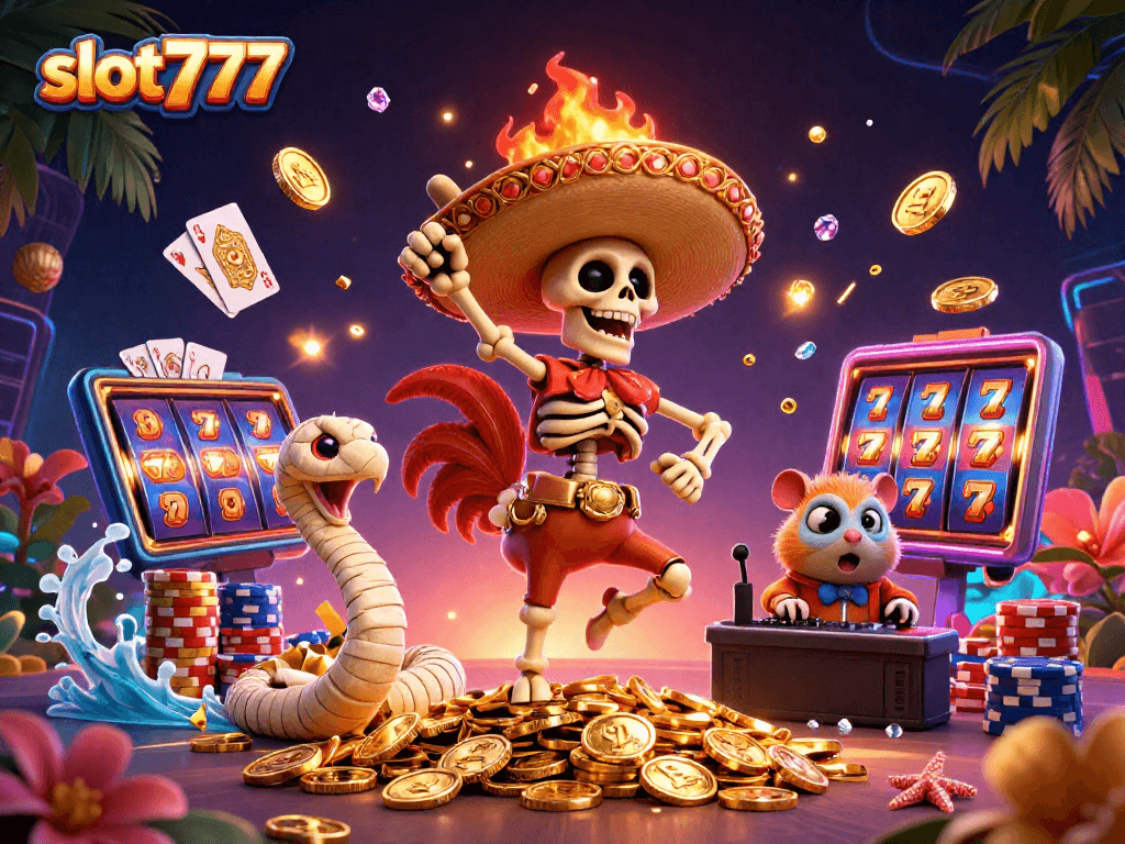Slot777 menghidupkan suasana saat skeleto mariachi menari di atas tumpukan koin emas.