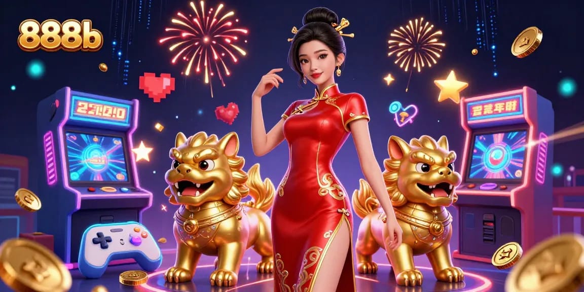 Experience thrilling gameplay with 888b featuring a glamorous Asian woman, lively casino elements, and festive fireworks.