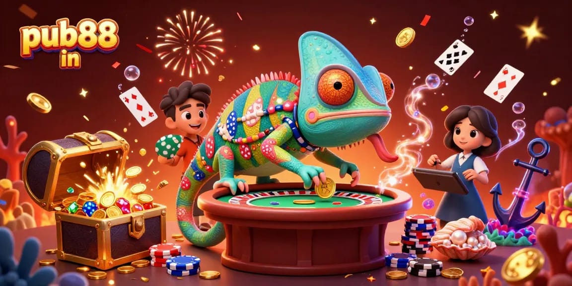 Engaging pub88 in illustration showing a chameleon casino owner interacting with vibrant game elements.