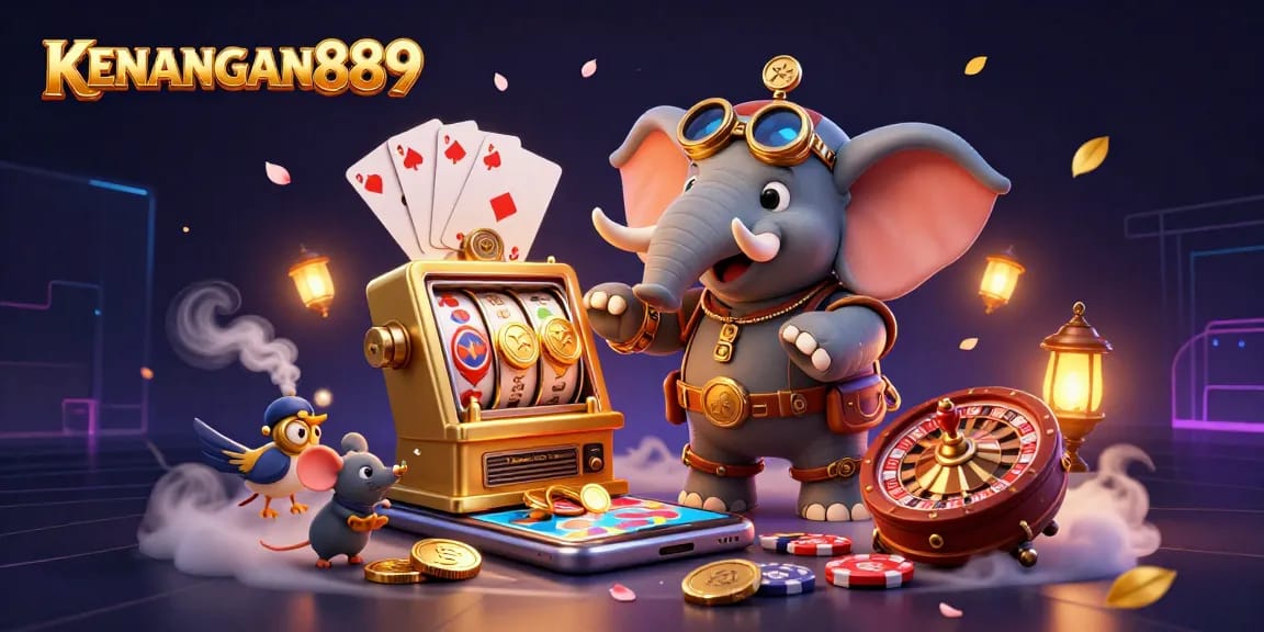 Spin the reels with KENANGAN889 in this vibrant, dynamic gambling illustration showcasing steampunk characters.
