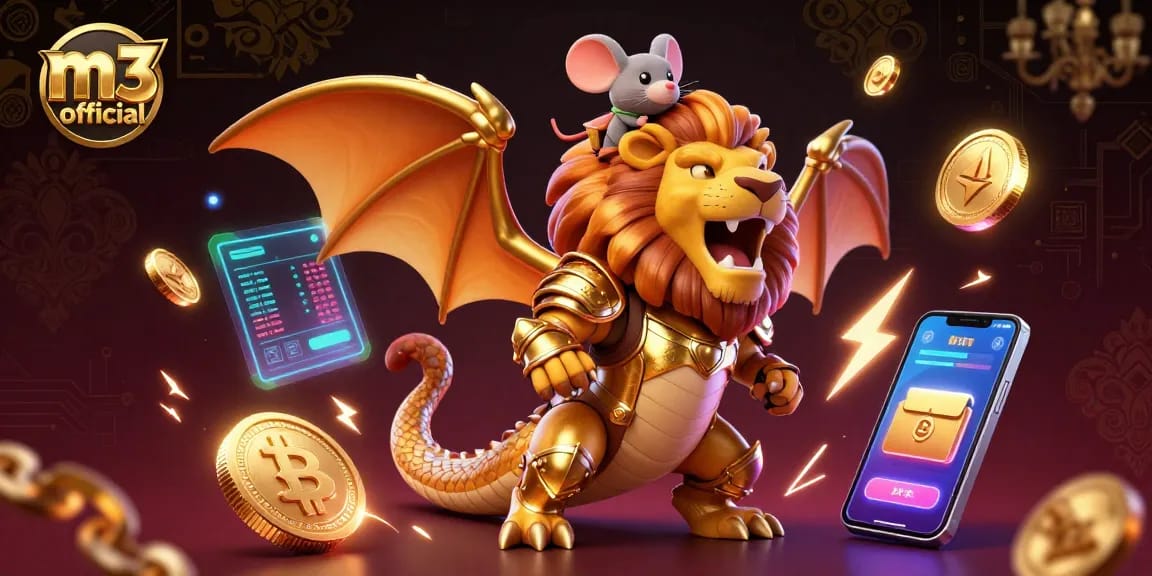 Experience thrilling gameplay at m3 official with a golden chimera roaring beside crypto symbols.
