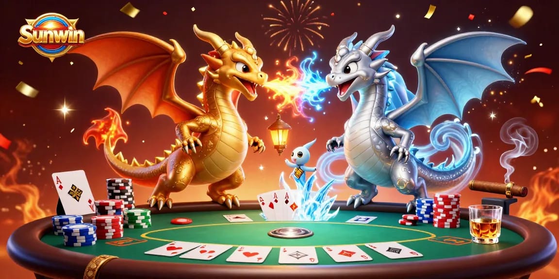Players engage with Sunwin while winning at the poker table amidst dynamic dragons.