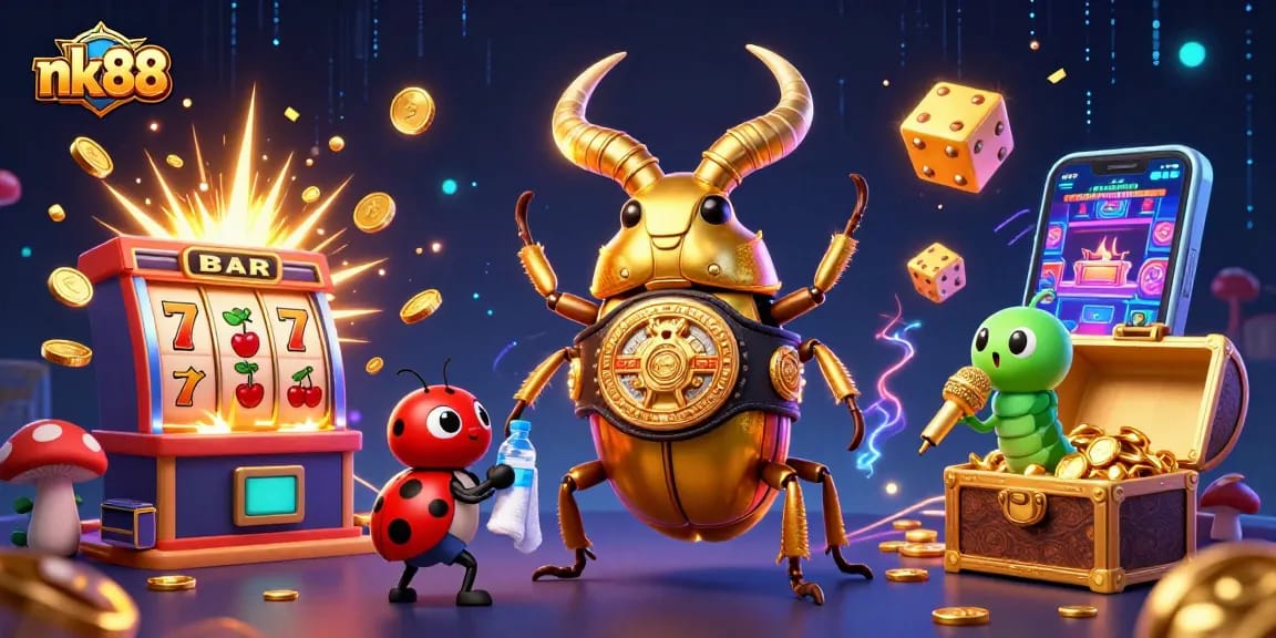 nk88 features vibrant gaming action with glowing characters and slot machines bursting with excitement