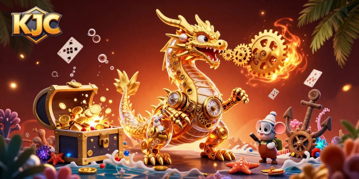 KJC casino experience features a golden dragon with a clockwork design surrounded by treasures and gaming elements.