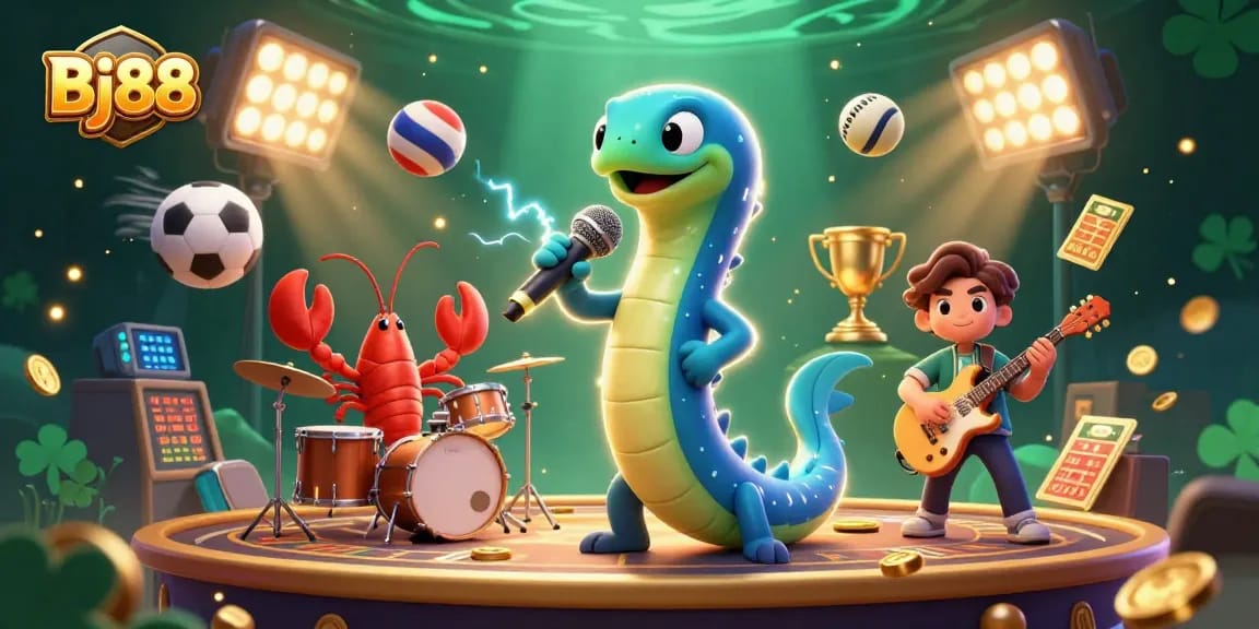 Bj88 brings excitement with electric eel DJ, lobster drummer, and seahorse guitarist in vibrant underwater casino