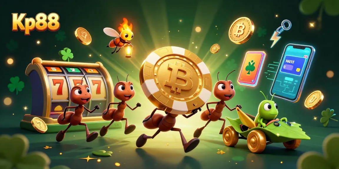 Kp88 ants execute a heist in a casino-themed scene, showcasing poker chips and crypto coins.