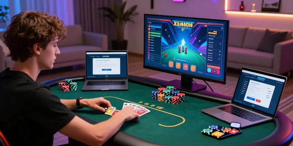 Engaged players enjoying a thrilling online poker session, featuring Login Domino88 on a laptop amidst a vibrant gaming atmosphere.