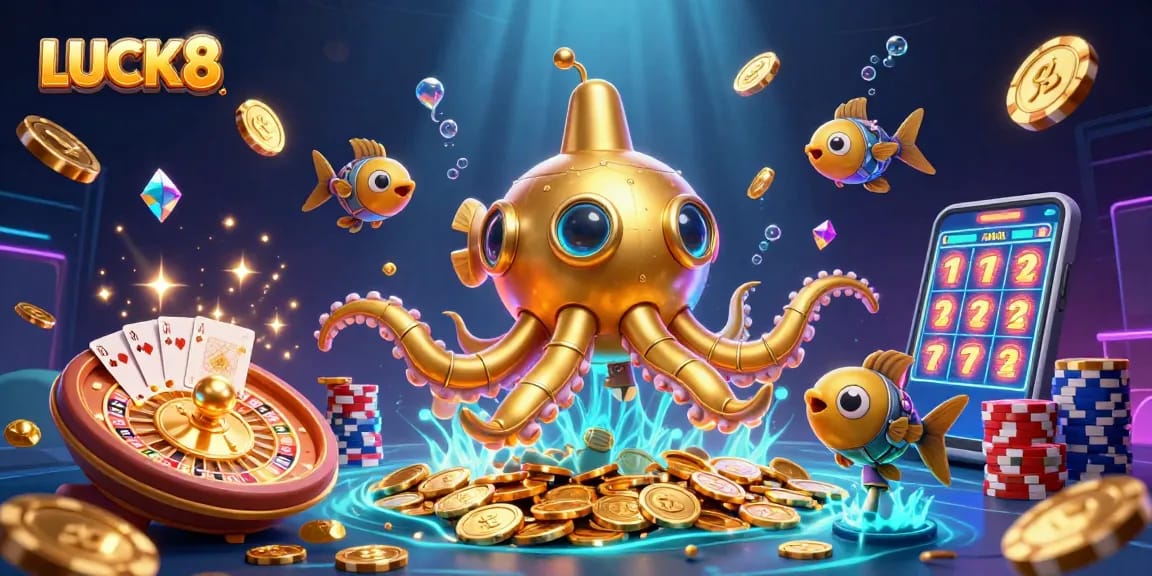 Engage with LUCK8’s vibrant 3D casino scene featuring a golden kraken submarine amidst swirling coins and gems.