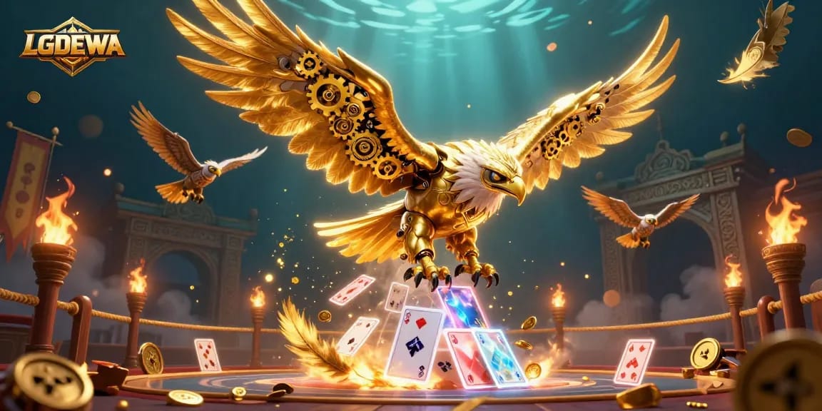 Experience the thrill of LGODEWA with a stunning 3D illustration of a golden eagle soaring through casino elements.