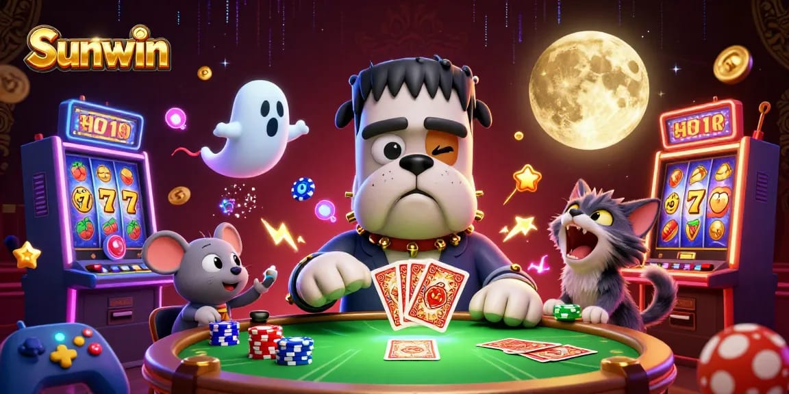 Experience thrilling card games at Sunwin with a unique 3D cartoon scene of characters at a spooky casino table.