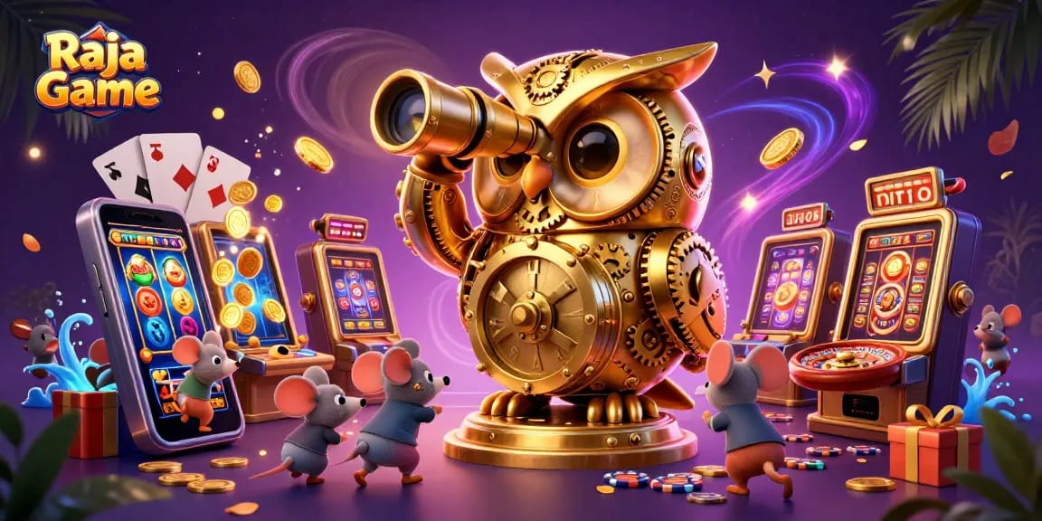 Experience the excitement of Raja Game with a vibrant casino scene showcasing whimsical characters interacting with gaming elements.