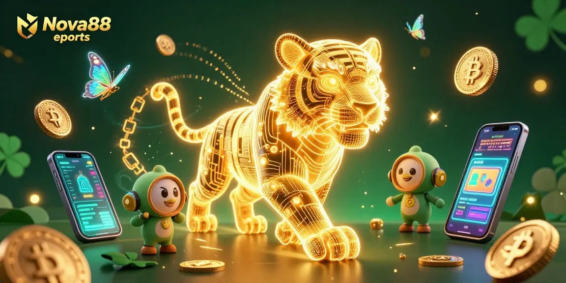 Engage in thrilling Nova88 esports betting with a vibrant digital casino scene featuring a neon golden tiger.