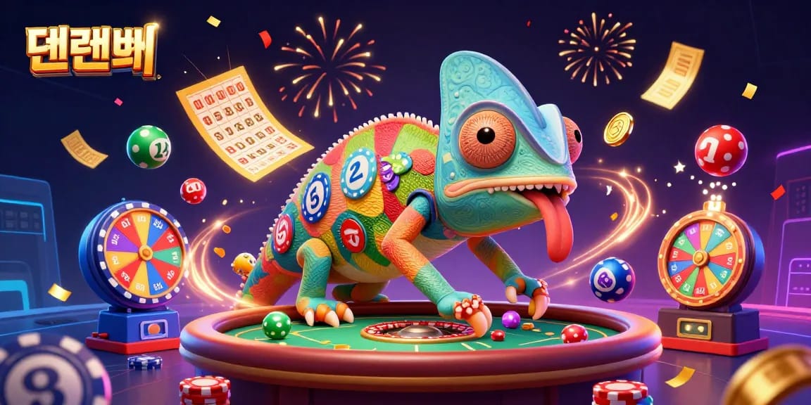 Experience dynamic excitement with 텐텐벳, featuring a colorful casino scene with vibrant characters.