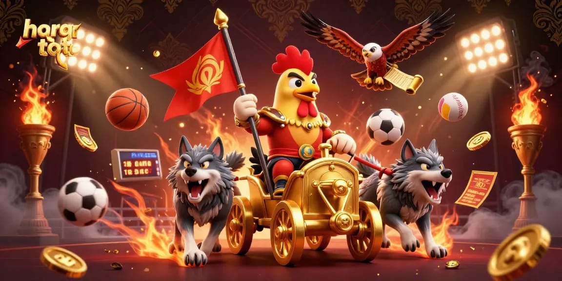 Bet on harga toto with action-packed sports betting scene featuring a rooster warlord.