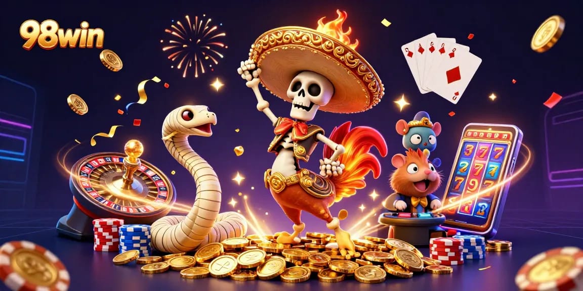 Win big at 98win while celebrating with colorful casino elements and thrilling games.