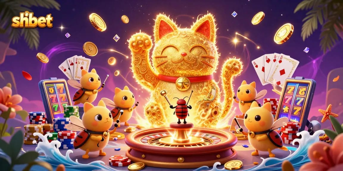 Win big at shbet with a dazzling scene of a lucky cat, golden coins, and casino symbols!