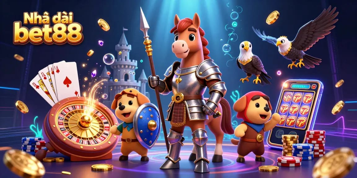 Engage with Nhà cái bet88 in a vibrant 3D casino scene filled with coins, cards, and excitement.