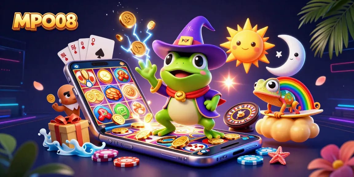 MPO08 sparks excitement with a wizard frog, chameleon, and vibrant slot game elements amidst a storm of coins.