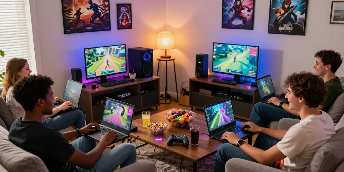 Diverse friends enjoying modded games in a lively living room, showcasing the essence of dramawave gaming.