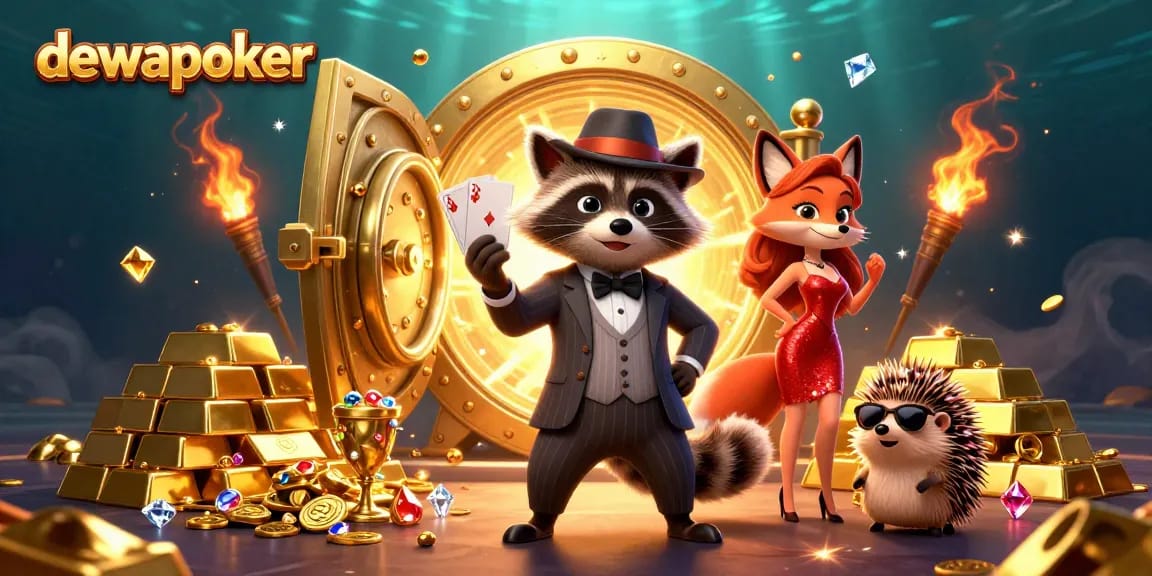 Experience thrilling poker moments with dewapoker - vibrant raccoon and fox characters in a golden casino scene.