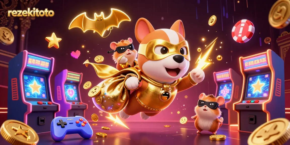 Experience thrilling wins with rezekitoto as a superhero dog and hamster duo celebrate jackpot moments!