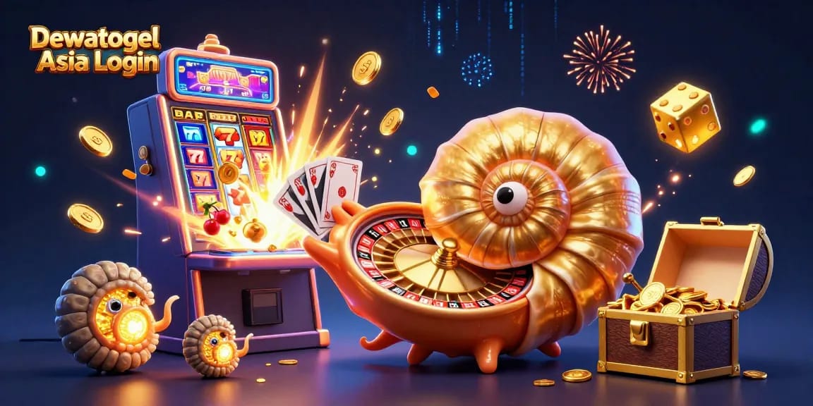 Dewatogel Asia Login showcases a vibrant casino scene featuring a giant nautilus roulette wheel and glowing ammonite companions.