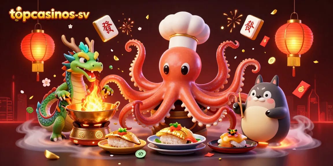topcasinos-sv showcases a lively scene of an octopus chef and a dragon in vibrant casino settings.