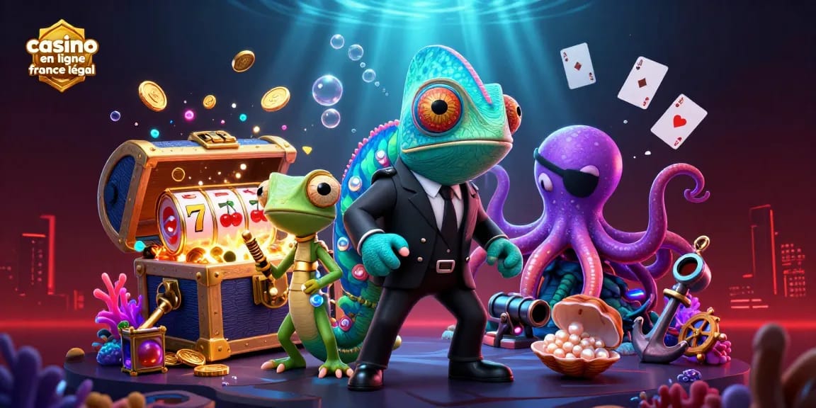 Découvrez l'excitation d'un casino en ligne France légal avec une illustration 3D vibrante mettant en scène des personnages colorés et des jeux.