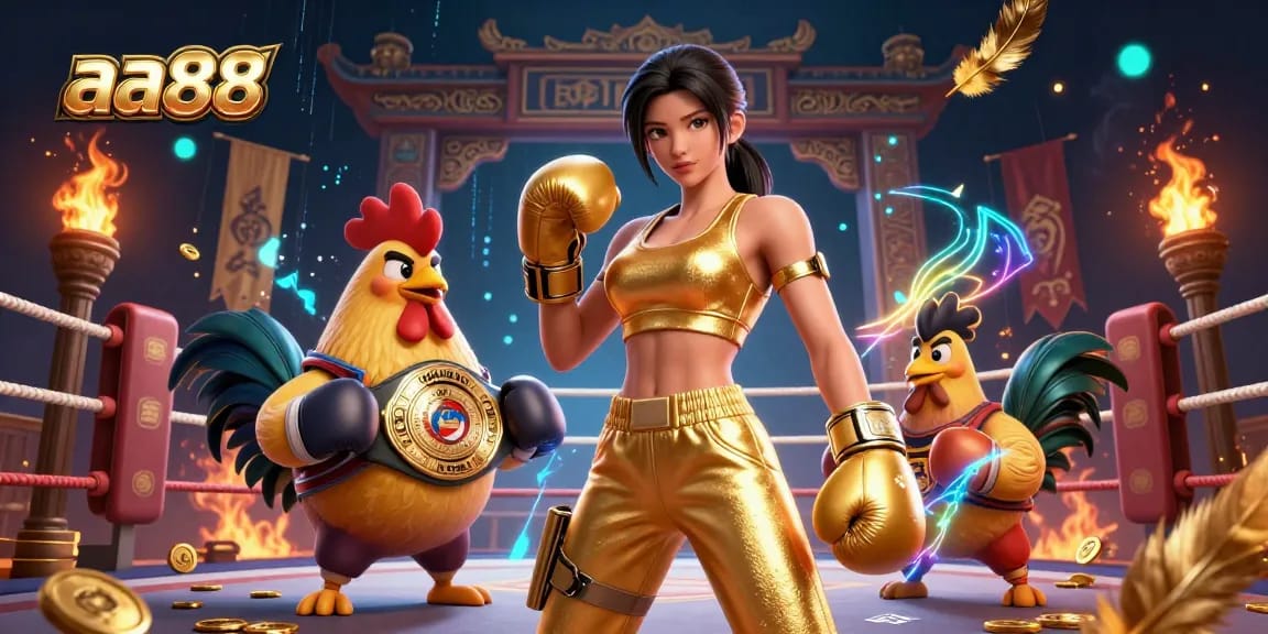 Bet on thrill with aa88, featuring a strong woman and a cartoon rooster in a dynamic boxing ambiance.