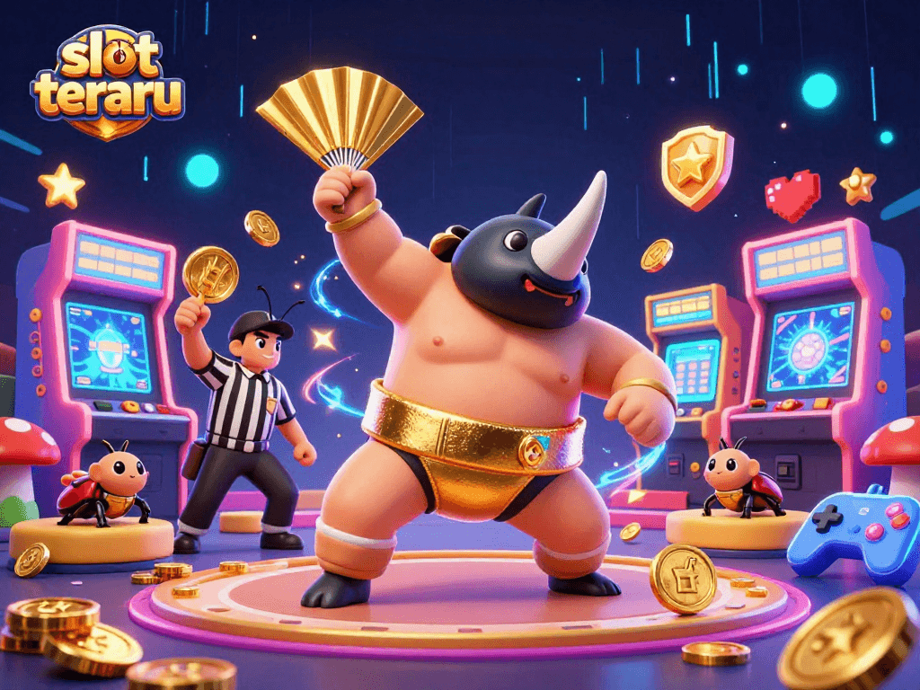 Experience exciting slot terbaru action with our vibrant 3D illustration of a sumo beetle champion.