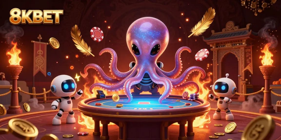 Engage in thrilling gaming with 8KBET as a dynamic alien octopus operates a holographic casino table.