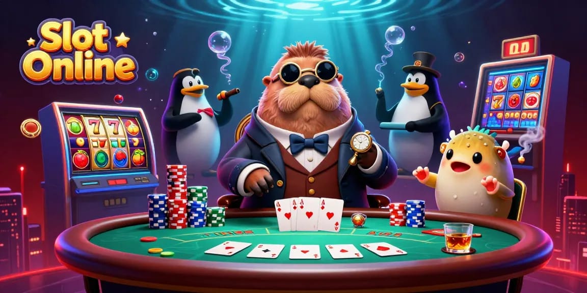 Experience the excitement of Slot Online with a jolly walrus, penguin dealer, and bluffing pufferfish in a richly detailed casino scene.