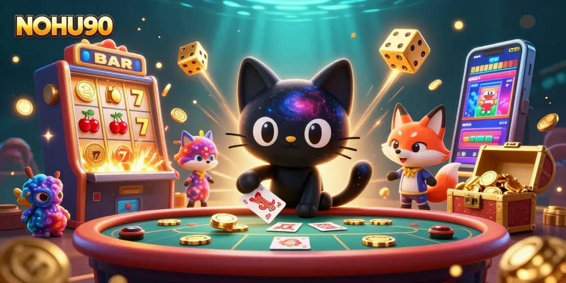 Engage with NOHU90's vibrant casino scene featuring galactic characters and explosive game elements.
