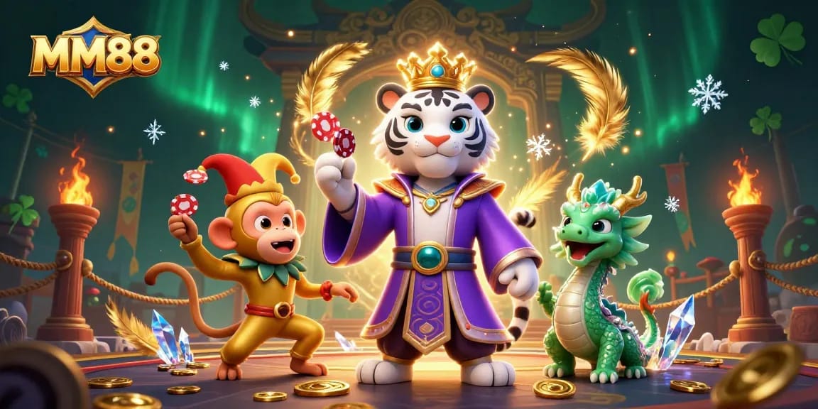 Engage with MM88's thrilling world where a royal white tiger, juggling monkey, and jade dragon create an exhilarating betting atmosphere.
