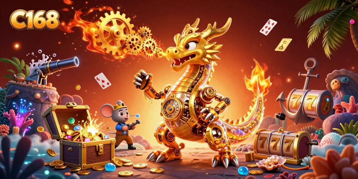 C168 brings exhilarating gaming experiences in a vivid casino scene with a golden dragon and engaging game elements.