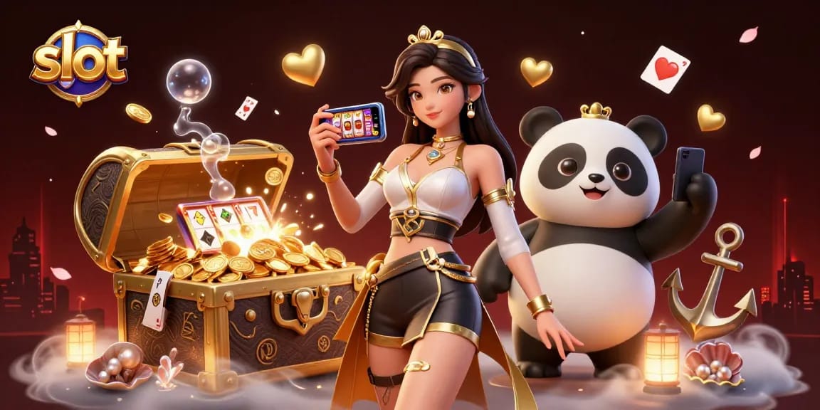 Spin slot reels with an Asian woman enjoying a casino game alongside a golden panda mascot.