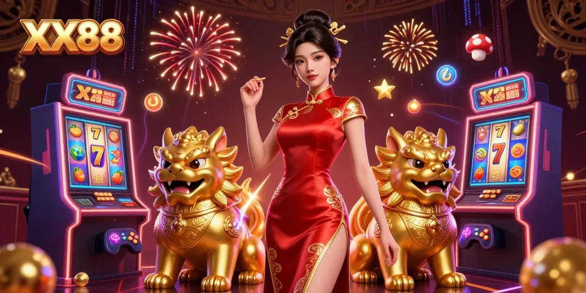 Experience the vibrant world of XX88 with an elegant Asian woman amidst festive gaming elements.