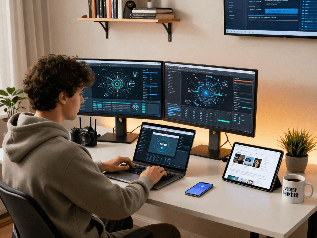 Pengaturan wifi4d di ruang kerja modern dengan monitor dan laptop, suasana nyaman.