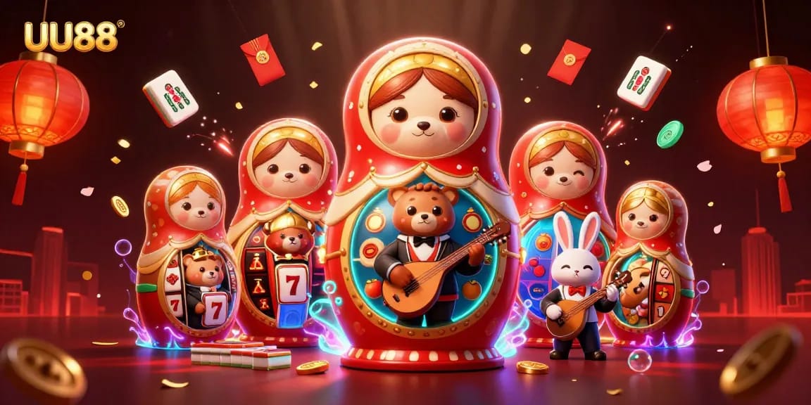 Experience the excitement of UU88 with dynamic slot reels, vibrant characters, and festive elements.