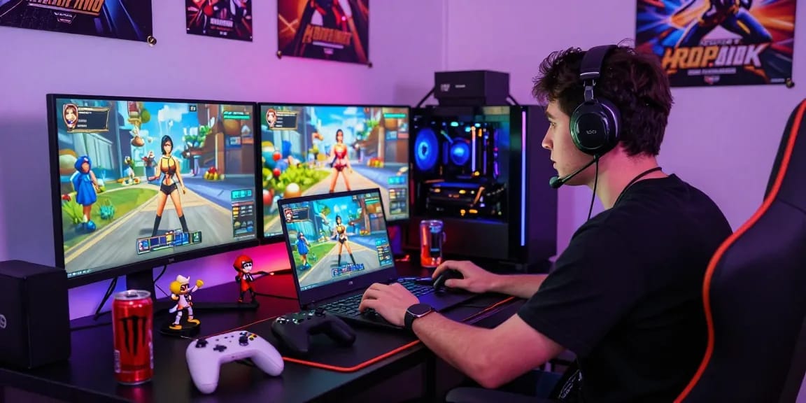 Gamer immersed in a 3D hentai game with colorful LED lighting