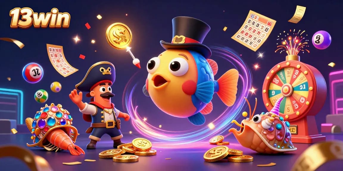 Engage in exciting gambling adventures with 13win's vibrant lottery scene featuring animated characters.