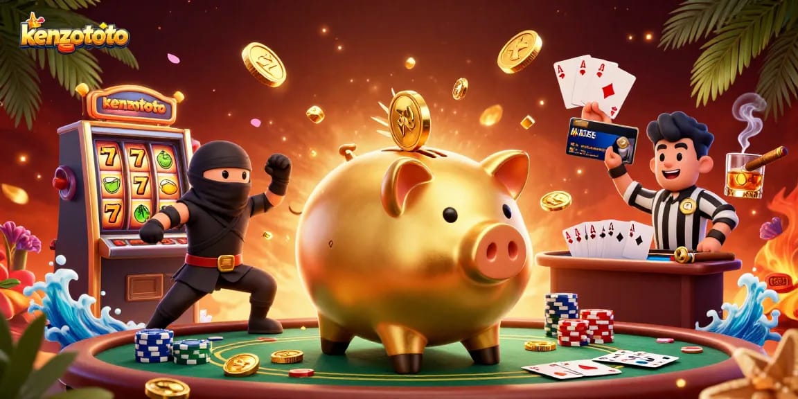 Kenzototo offers thrilling gameplay in this dynamic casino scene with exciting slot reels and energetic characters.