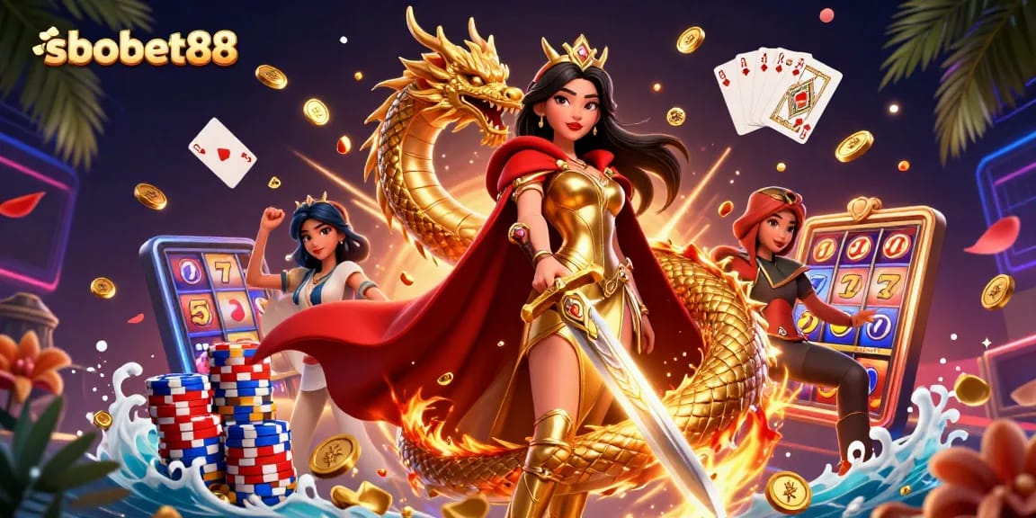 Betting at sbobet88 features a photorealistic Asian woman, golden dragon, and dynamic casino elements.